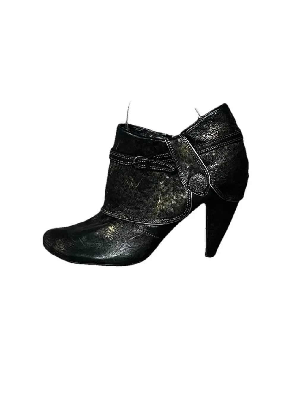 Seychelles Metallic Leather Ankle Booties Women’s 7 Black Distressed Heel Boot